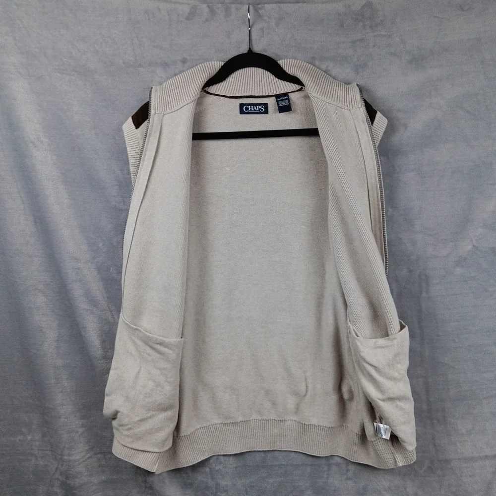 Chaps Mens Zip Neck Sweater Vest Beige Ribbed Knit Cotton‎ Size XL TG EG